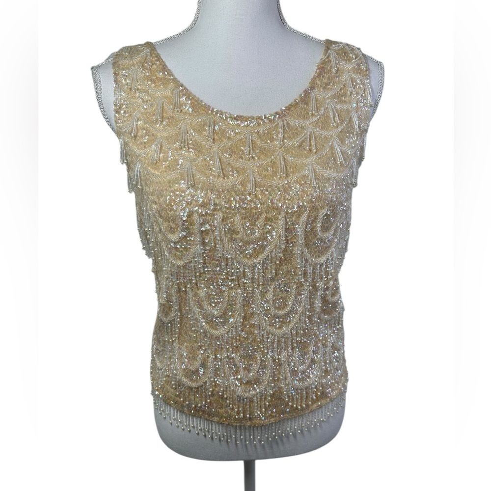 Vintage 1960s Hand-Beaded Fringe Tank Top 100% Zephyr Wool Size 34 US XS/S